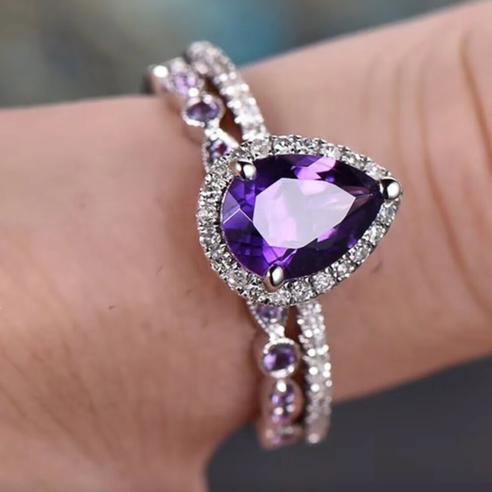 NEW 14k White Gold Amethyst Diamond Ring Pear Cut Ring Set of 2